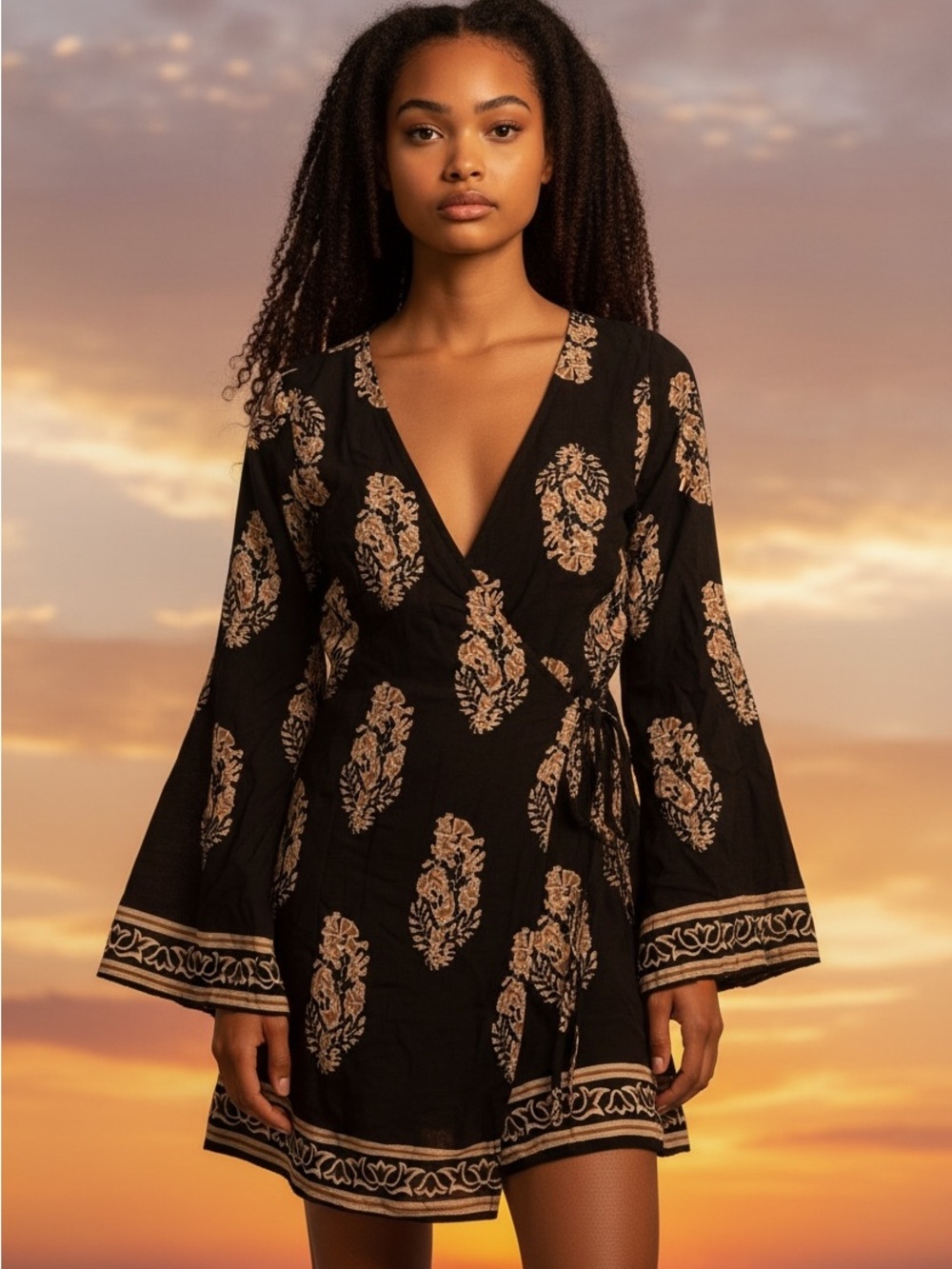Fashion Nova Black Mini Wrap Dress with Beige Floral Print